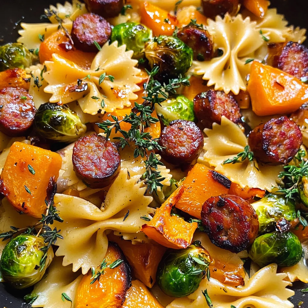 Autumn Dinner with Sausage, Pasta, Brussels Sprouts, and Butternut Squash