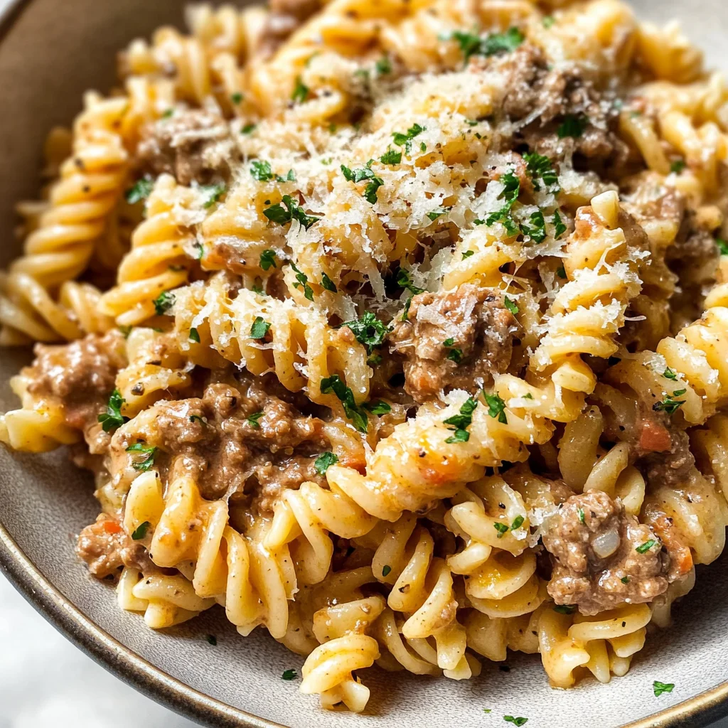 Beef and Rotini in Garlic Parmesan Sauce
