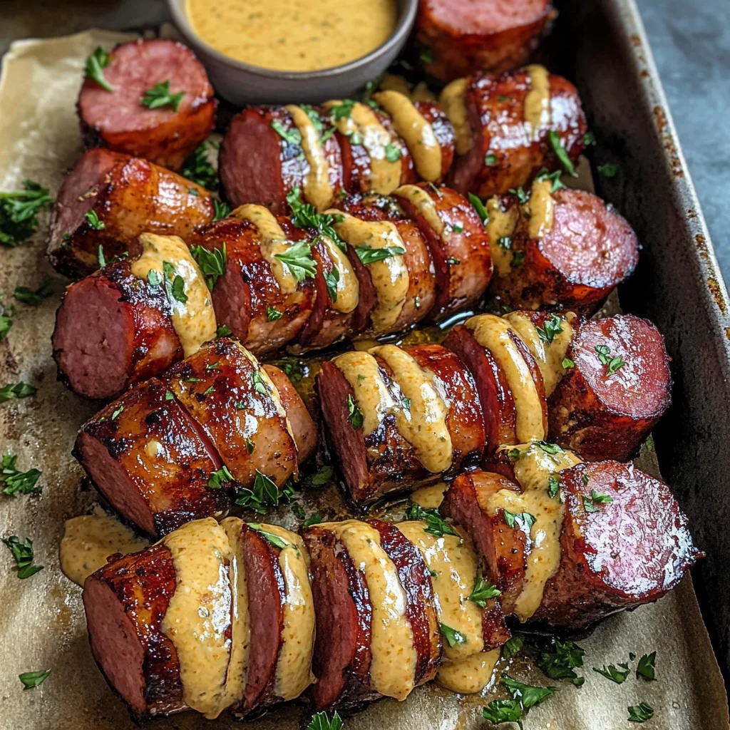 Mustard Hasselback Kielbasa Bites
