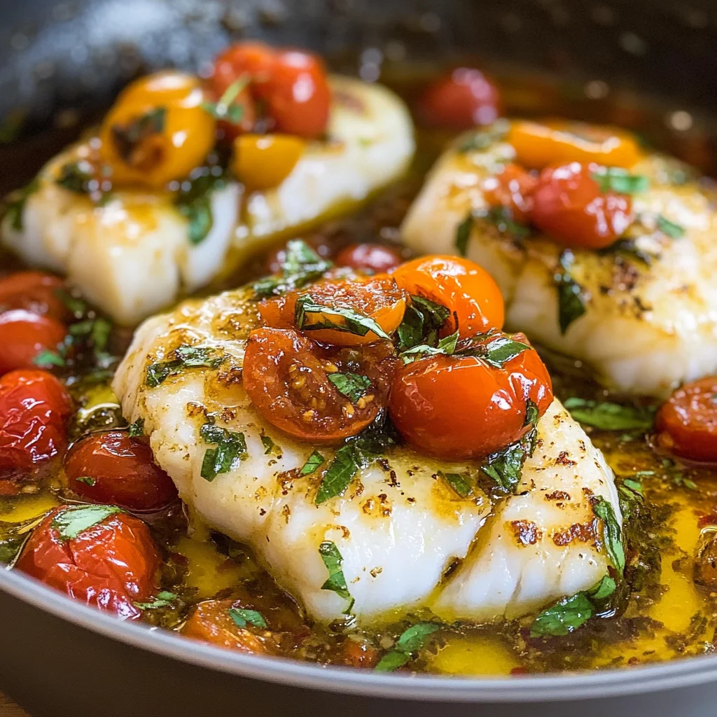 Pan-Seared Cod in White Wine Tomato Basil Sauce